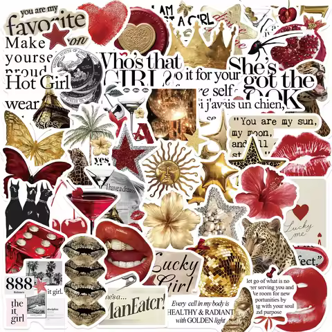 50/100PCS Gold&Red Y2k Stickers Lucky Girls DIY Stickers Scrapbooking Phone Luggage Skateboard Water