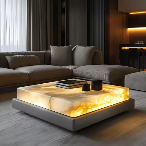 Square luxury stone leather luminous jade coffee table large flat-floor villa living room modern mar