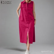 3DFN READY STOCK ZANZEA Women's Streetwear Sleeveless Turn-Down-Collar Dresses Pockets Plain Midi Sh