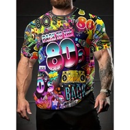 Men'S Crew Neck Short Sleeve T-Shirt With 3D Digital Vintage 80s Tape And Neon Speaker Box Print, Br