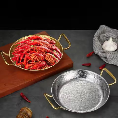 Stainless Steel Hammer Grain Seafood Paella Pan Binaural Handle Thickened Seafood Rice Pot Flat Bott