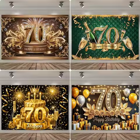 Happy 70th Birthday Backdrop Gold Diamond Champagne Balloon Cake Photo Background 70 Years Old Birth