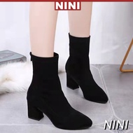 Short Boots Women's New Korean Autumn and Winter High Heels Thick Heel Elastic Boots Pointed Mid-Boots Dr. Martens Boots【NINI】