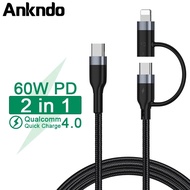Ankndo 2 In 1 60W PD Data Cable Fast Charging Cable USB C to Type C/Lightning for i//Phone Samsung Xiaomi Fast Charging