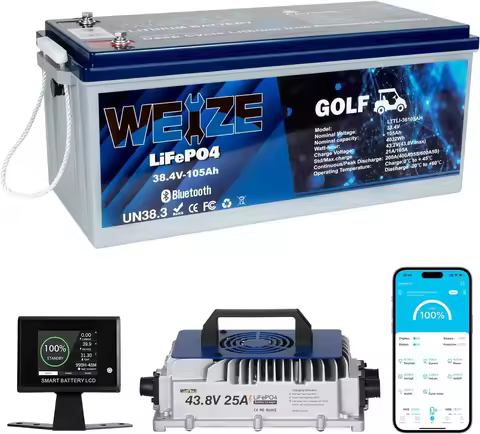 WEIZE 36V(38.4V) 105AH Golf Cart Bluetooth LiFePO4 Battery (Replace 6x6V GC2) with 25A Lithium Batte