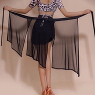 拉丁舞一片臀巾开叉网纱系带练功围裙恰恰舞蹈半裙半身裙Latin dance with a hip scarf, split mesh, and tied straps for practicecuab