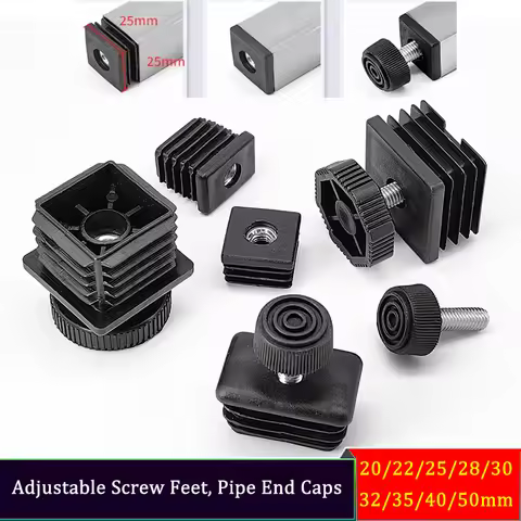 Black Square Round Plastic Pipe End Caps, M8 Adjustable Leveling Feet, Anti-Slip Furniture Leg Prote