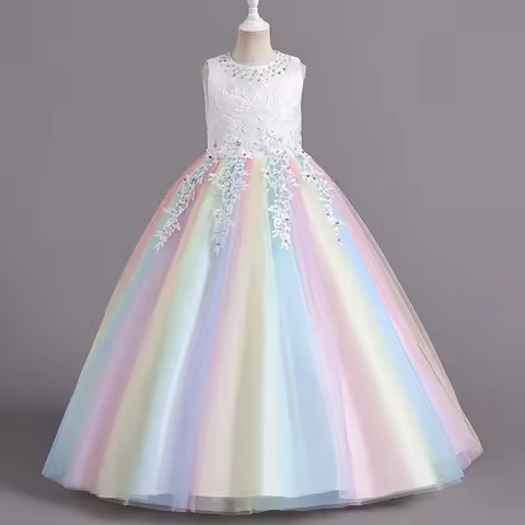 CK8991 Girls' Flower Wedding Dress Long Sleeveless Summer Princess Rainbow Host Gift Performance Pro
