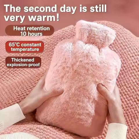 Durable 1000ml/2000ml Hot Water Bottle Leak-proof With Faux Rabbit Fur Cover Hot Water Bag Explosion