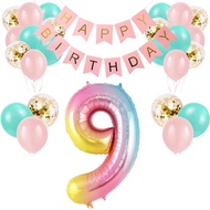 (SG SELLER) 9th Birthday Party Decoration, Pastel Pink 9th Birthday Decor Set Happy Birthday Rainbow