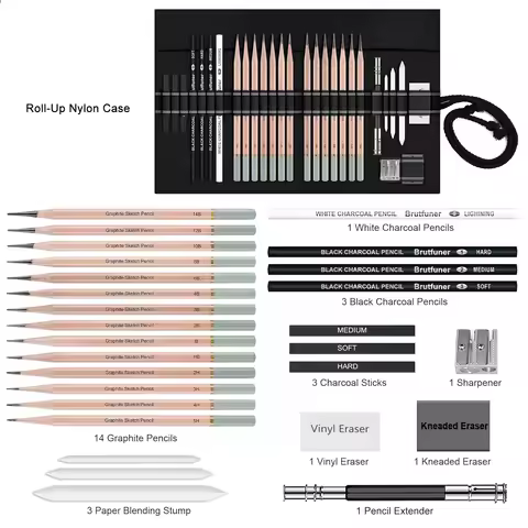 6/29 pcs Pro Sketching Drawing Pencils Set with Roll-Up Nylon Case,14 Graphite Pencils (14B-5H), Cha