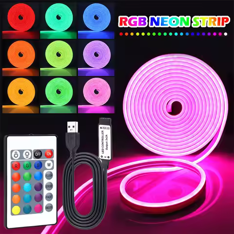 USB RGB Neon Strip Lights With 24Keys Remote Control, Flexible Rope Lights Gaming Led Neon Light Str