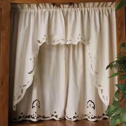 Short Coffee Curtain Retro Hollow Hem Wear Pole Triangular Curtains for Bar Kitchen Cabinet Door and