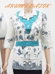 Blouse Blus Kemeja Atasan Seragam Wanita Batik 1784 Biru JUMBO