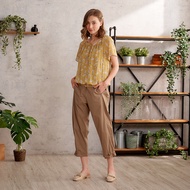 [CUMAR] Trousers Adjustable Elastic Cropped Pants Blue Coffee