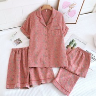 Short Sleeve Sleepwear Womens Pajamas Set Gauze Cotton Pyjamas Summer New 3 Pieces Floral Home Wear 