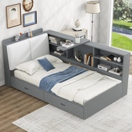 Twin Size Daybed With 2 Storage Drawers And Bookcase,wood L Shaped Twin Platform Bed Frame With Shel