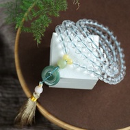 極品純天然白水晶8MM108顆佛珠手串項鏈 搭配翡翠平安扣 晶瑩剔透