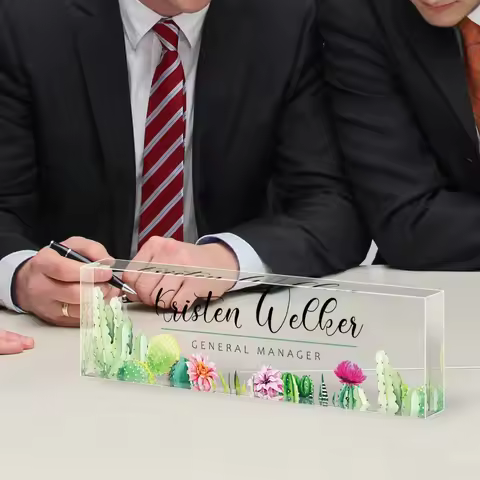 20*6CM Personalized Acrylic Desk Nameplate, 6 Succulent Floral Styles, Custom Office Decor for Manag