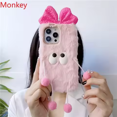Plush Fur Case Cover Korea Pink Cute Cartoon 3D Bow Soft Cases For Oneplus 12 11 10 9 8 7 6 5 8T 7T 