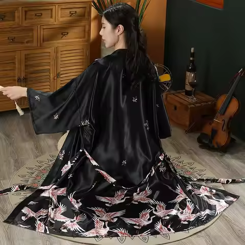 Print Crane 2PCS Robe Nightgown Set Women Long Nightdress Bride Bridesmaid Wedding Kimono Bathrobe L