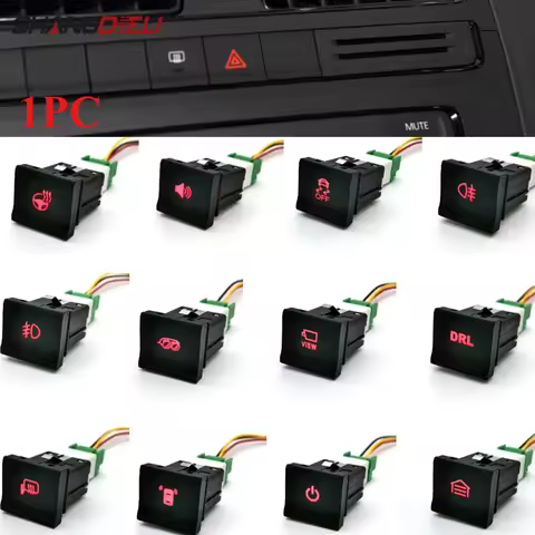 1PC 12V Red LED Light Car DRL Fog Light Radar Power on Off Music Garage Switch Button with Wire for 