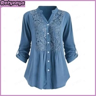 Women Shirt with Cufflink V Neck Button-down Mid Length Lace Loose Plus Size Blouse Floral Embroider
