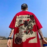 【M-8XL Fashion High Street Retro Rose Print T-shirt for Men Brand Loose Oversized T-shirt for Men
