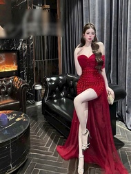 Đầm body dạ hội dự tiệc trễ vai siêu sang quý phái chất Lưới cườm cao cấp 3 màu Đỏ Trắng kem Hồng -