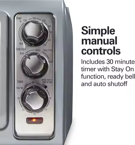 6 Slice Countertop Toaster Oven Easy Reach Roll-Top Door Silver Bake Broil Toast Functions Auto Shut