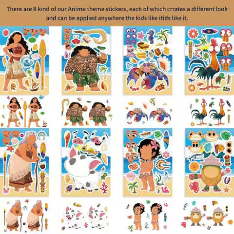 Bandai 8/16pcs Moana Children DIY Puzzle Sticker Fun Anime Cartoon Assembly Stickers for Children's 