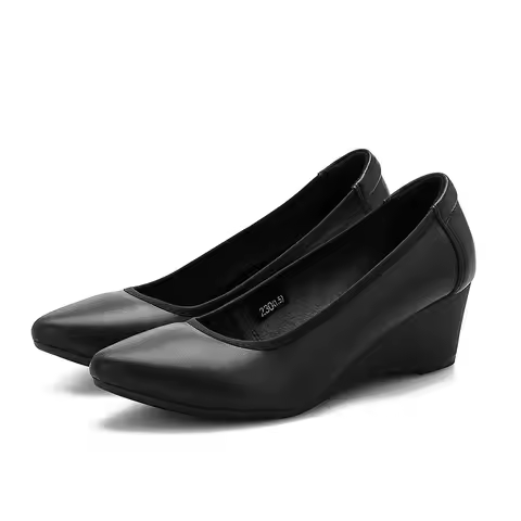 Women's High Heels 2024 Pointed Wedges Women's Shoes Black Leather Shoes OL Mary Jane Shoes Small Si