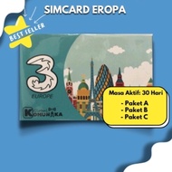 simcard/kartu Eropa 3 aktif 30 hari kuota 40gb