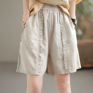 Summer New Style Shorts Women Literary Retro Cotton Linen Solid Color Casual Loose Large Size All-Ma