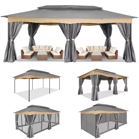 12x20ft Gazebo With Cold-Proof Curtains Nettings And Sidewall Outdoor Canopy Double Roof With Metal 