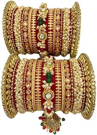 CHURA| Bridal Jewellery Bangles Set Gold Plated Rajasthani Chura/Punjabi Chuda Set for Wedding with Rajasthani Kundan Meenakari Stones &amp; Pearl for Women &amp; Girls