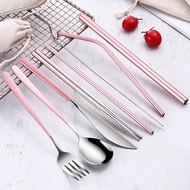 Pandeat 304 Stainless Steel Straw 9In1 Utensil Straw Spoon Fork Chopstick Knife Set Reusable Metal Cutlery Set