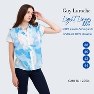 เสื้อผู้หญิง เสื้อเชิ้ตแขนสั้น Guy Laroche Linen shirt เนื้อผ้าลินินธรรมชาติ ใส่เย็นสบาย สีฟ้า สีสดใสลาย Miracle Flower ใส่ได้ทุกสีผิว (GAF8BU)