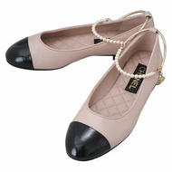 Chanel 香奈兒 全新 珍珠 腳鍊 娃娃鞋 平底鞋 菱格紋 膚 黑 色 (尺碼37)