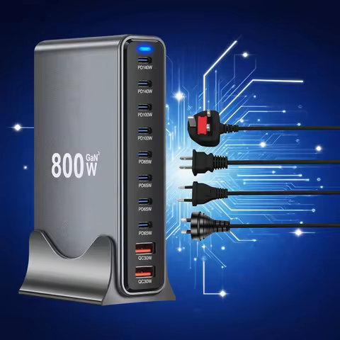 10 Port 800W USBC Fast Charging Station, Multiport GaN³ PD3.1 Charger for Iphone17 Notebook smartwat
