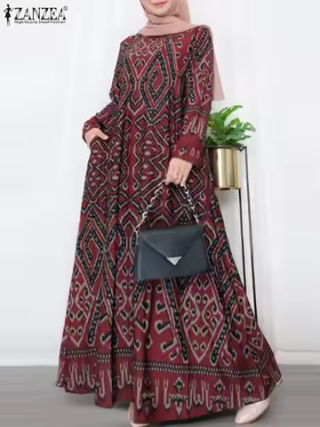 2024 ZANZEA Elegant Muslim Dress Turkey Dubai Abaya Hijab Sundress Women Vintage Long Sleeve Robe Ka