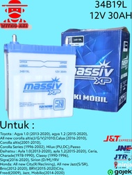 aki mobil agya, ayla, calya, sigra  34b19l massiv xp aki basah