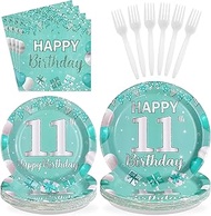 96Pcs 11th Birthday Party Decorations Teal and Silver Plates and Napkins Tableware Sets Teal Ballons