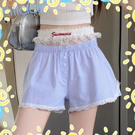 HLAR Striped Shorts, Lolita Summer Elastic Waist Shorts, Causal Blue Pink Button Embroidered Lace Sh