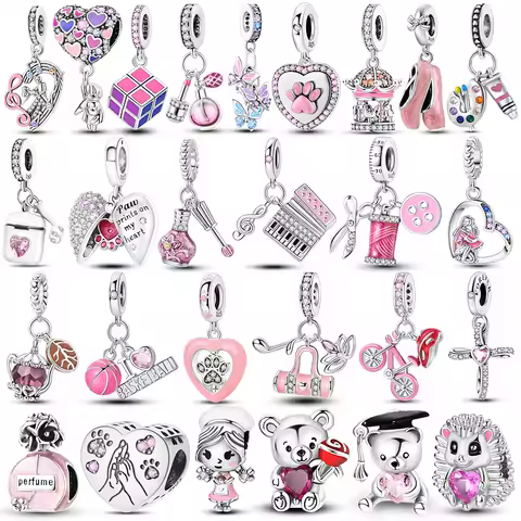 Pink Series Charms 925 Silver Perfume Butterfly Charm Beads Pendent Dangle Fit Original Bangle Charm