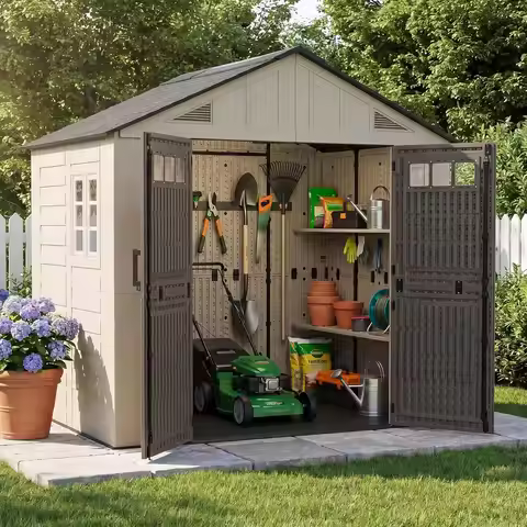 8x6 Ft Outdoor Storage Shed with Floor, Large Resin Outdoor Shed with Lockable Door & Windows, Garde