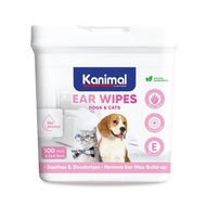 Kanimal Pet Ear Wipes แผ่นเปียกเช็ดหู สำหรับสัตว์เลี้ยง ไม่มีแอลกอฮอล์ แผ่นสี่เหลี่ยมผืนผ้า 100แผ่น/กระปุก