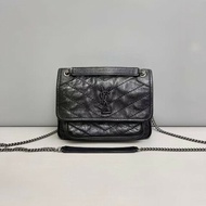 YSL Niki小號黑色全皮銀鏈郵差包 肩背包