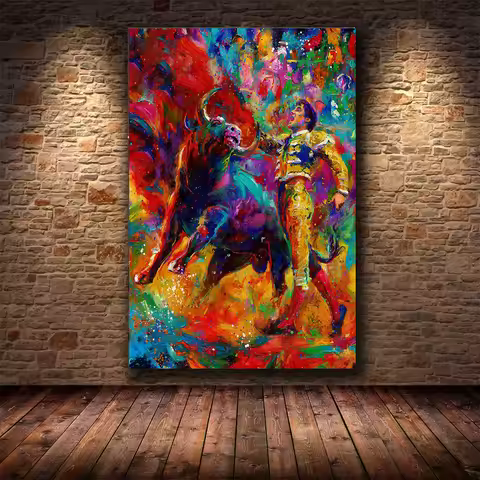 Abstract Graffiti Spanish Bullfighting Matador Wild Black Bull Animal Poster Canvas Painting Wall Pi