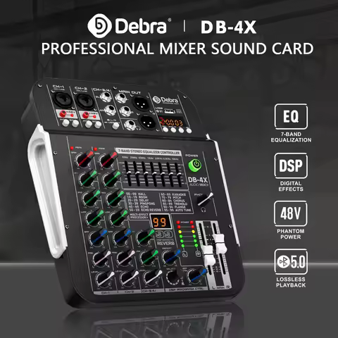 Debra DB-4X 4-Channel Professional Mixer and Sound Card, Bluetooth 5.0, +48V, Multifunctional Input 